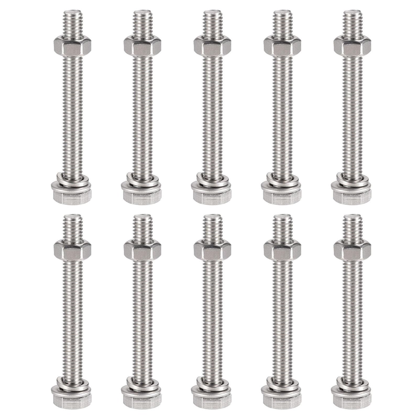 TOP-VIGOR 10Pcs M6 x 55mm Hex Head Screws Bolts, Nuts, Flat & Lock Washers Kits, 304 Stainless Steel Fully Thread Hexagon Bolts for DIY Bike Motorcycles Repair
