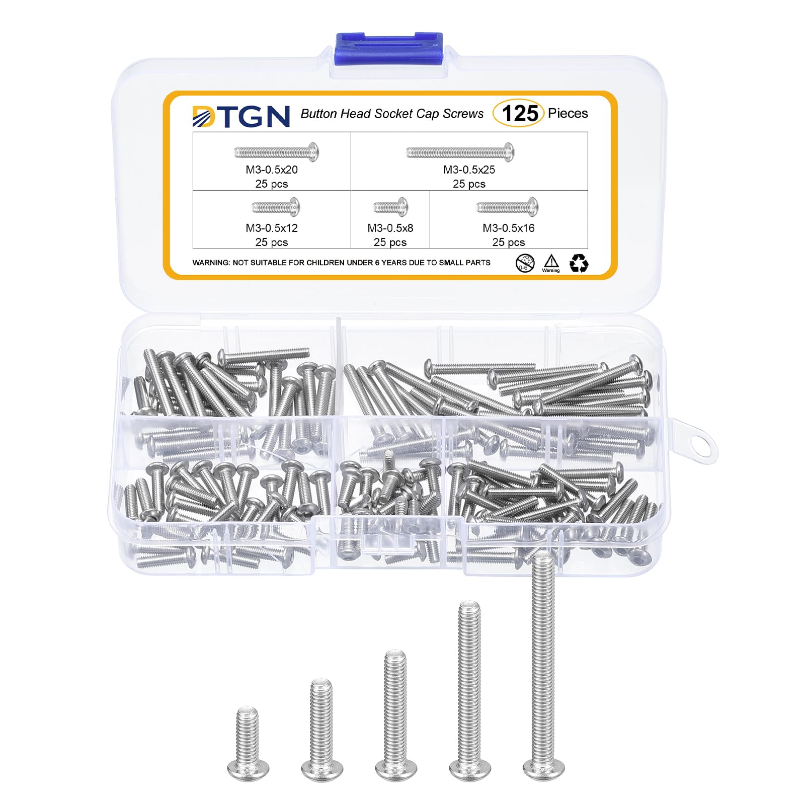 DTGN 125Pcs M3-0.5x8/12/16/20/25mm Button Head Socket Cap Screws - 304 Stainless Steel Bolt Nut Set Washer Assortment Kit - Good for Road Bicycle, Mountain Bike, Auto