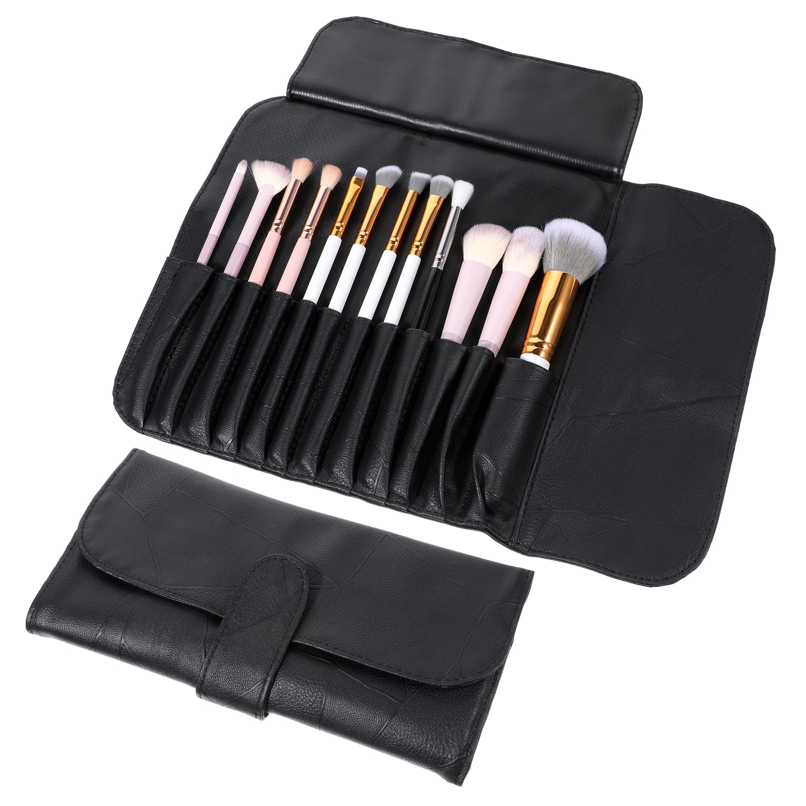 Black Makeup Brush Bag, PU Leather Makeup Brush Holder Travel, Portable Folding Make Up Brush Case for Women and Girls Travel Storage Organizer