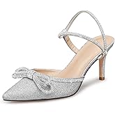 Susanny Women's Closed Toe Rhinstone Wedding Low Heel Slingback Clear Kitten Heels,Adjustable Strap Pointed Toe Bow Pumps High Heeled Prom Dress Shoes