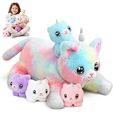 SQEQE Unicorn Cat Plush Mommy Cat Unicorn with 4 Cute Baby Kittens - Plushies Birthday Gifts for Boys and Girls