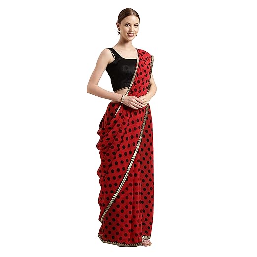 Womanista georgette with blouse piece Saree (TI1292_ Red & Black_ One Size)