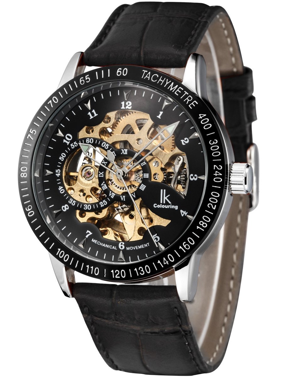 Alienwork IK Automatic Watch Men Women Black Leather Strap Skeleton