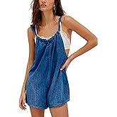 Aedceal Women's Denim Romper Backless Loose Fit One-Piece Shorts Jumpsuit Adjustable Straps with Pockets