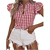 Milumia Women's Casual Plaid Frill V Neck Half Button Layered Flutter Sleeve Blouse