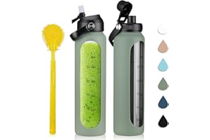 32 oz glass water bottle - 1 Litter Motivational Tumbler With Time Marker - Borosilicate Glass Water Bottles With Silicone Sl