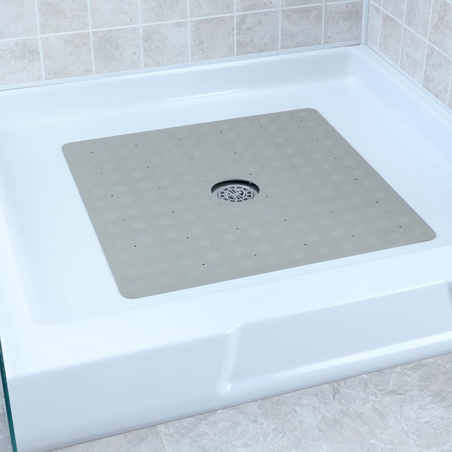 SlipX Solutions Tan Square Rubber Safety Shower Mat with Microban Antimicrobial Product Protection, Reliable Slip-Resistance in Shower Stalls (21 Inch Sides, Mildew Resistant, 140 Suction Cups): Health & Personal Care