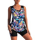MODLILY Two Piece Womens Tankini Swimsuits, V-Neck with Cross Straps Bathing Suits, Tank Top with Bike Shorts