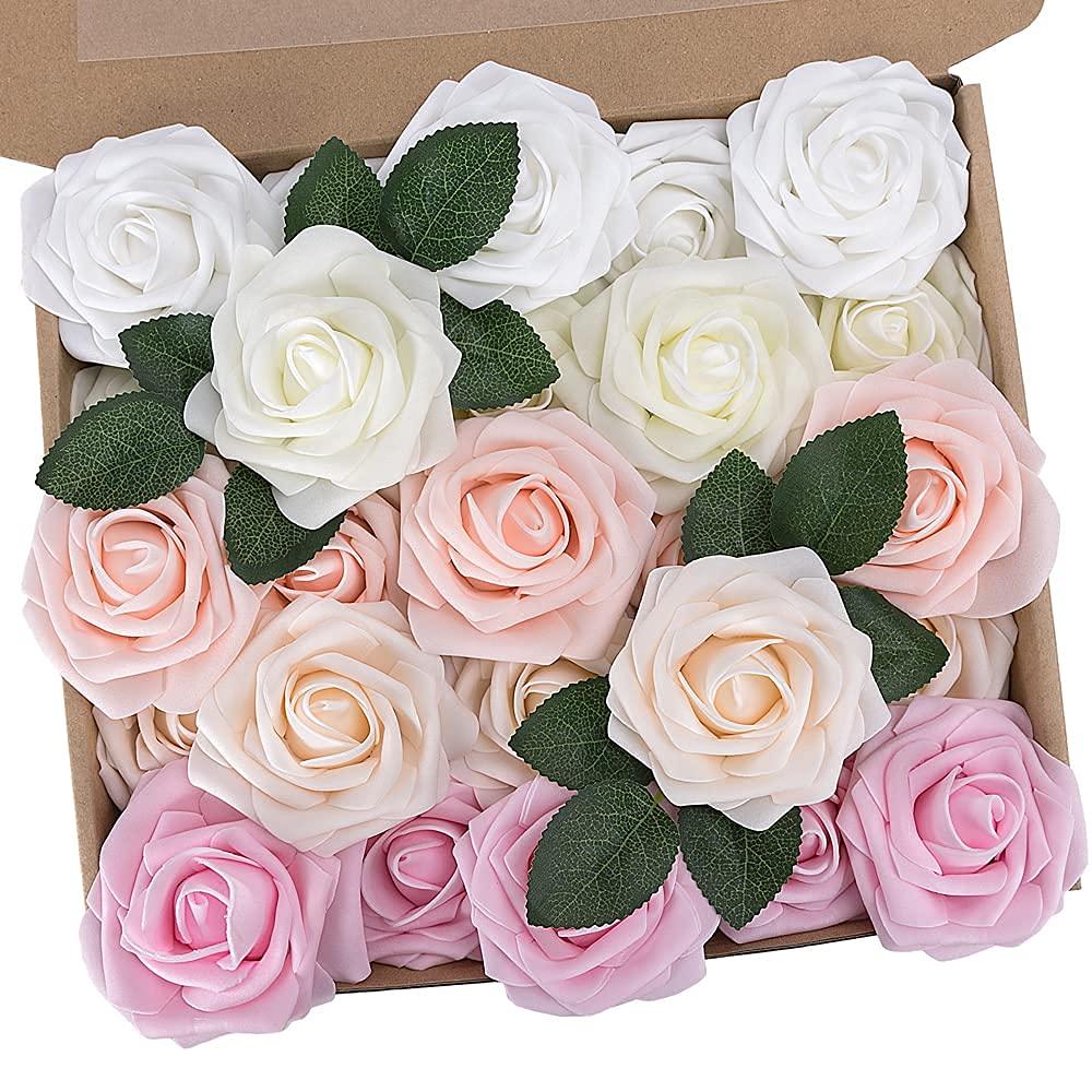 N&T NIETING Artificial Roses Flowers, 25Pcs Real Touch Foam Roses with Stems and Card Faux Flowers for Wedding Bridal Bouquet, Mother's Day, Baby Shower, Home Decoration, Mixed Colors โ image 1
