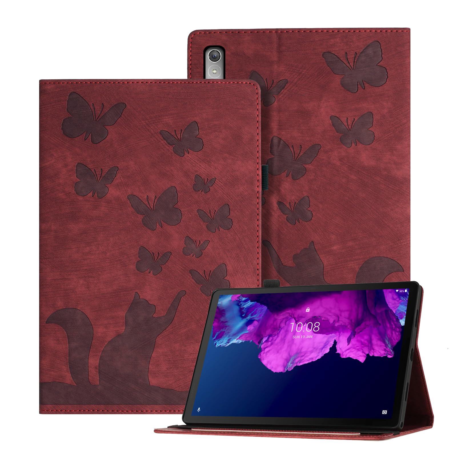 Ausblin Embossed Lenovo Tab P11 Gen 2 Case (2023) 11.5", Butterfly and Cat Theamed Retro PU Leather Tablet Case for Lenovo Tab P11 Gen 2 (2023) 11.5", Red
