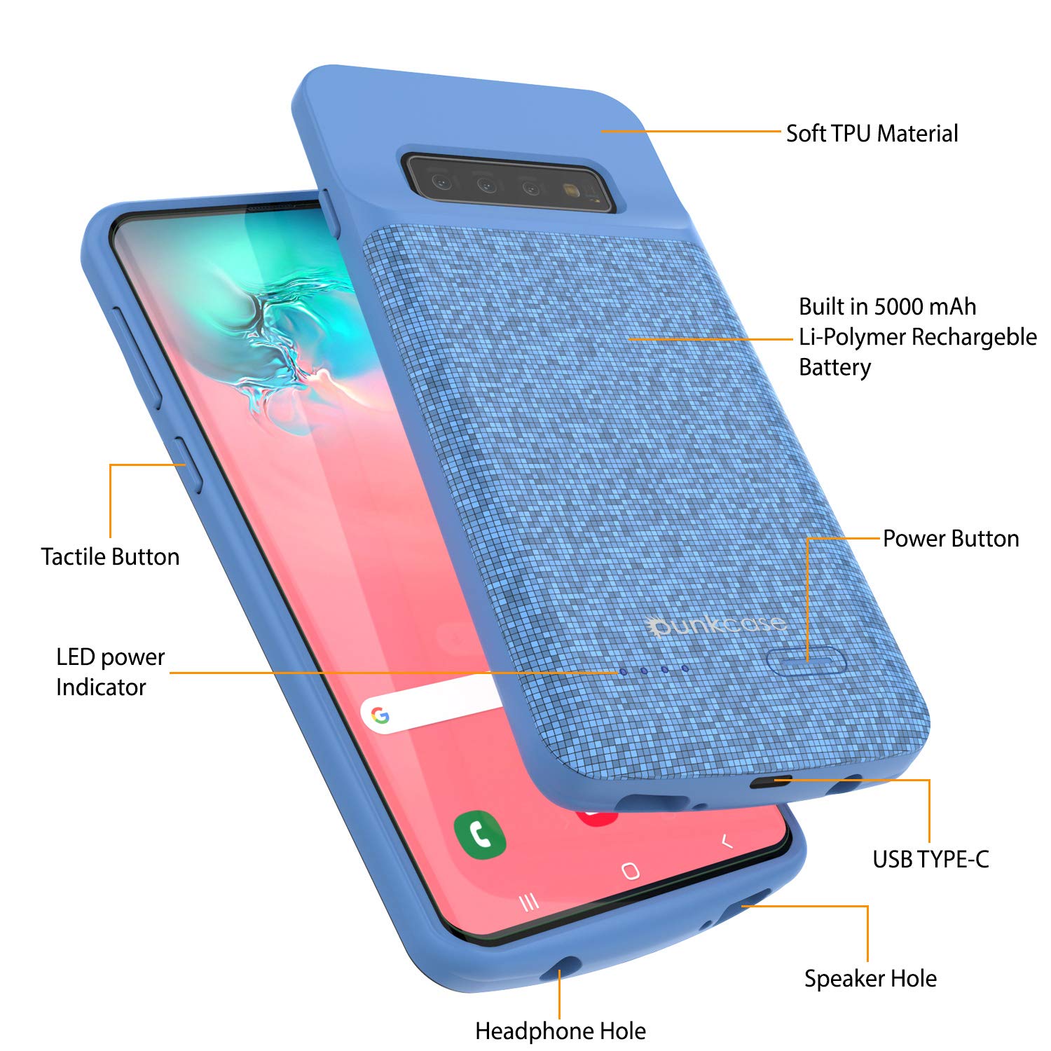 PunkJuice S10 Plus Battery Case, 5000mAh Fast Charging Extended Power Bank W/Screen Protector | IntelSwitch | Slim, Secure and Reliable Compatible W/Samsung Galaxy S10 Plus [Blue]