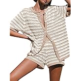 Saodimallsu Womens Crochet Swimsuit Coverup Summer Beach Sets Striped Knit Short Sleeve Button Shirts 2 Piece Short Set