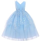 IDOPIP Flower Girl Sequin Butterfly Dress for Kids Wedding Pageant Party Long Gown Princess Birthday Handkerchief Tulle Dress