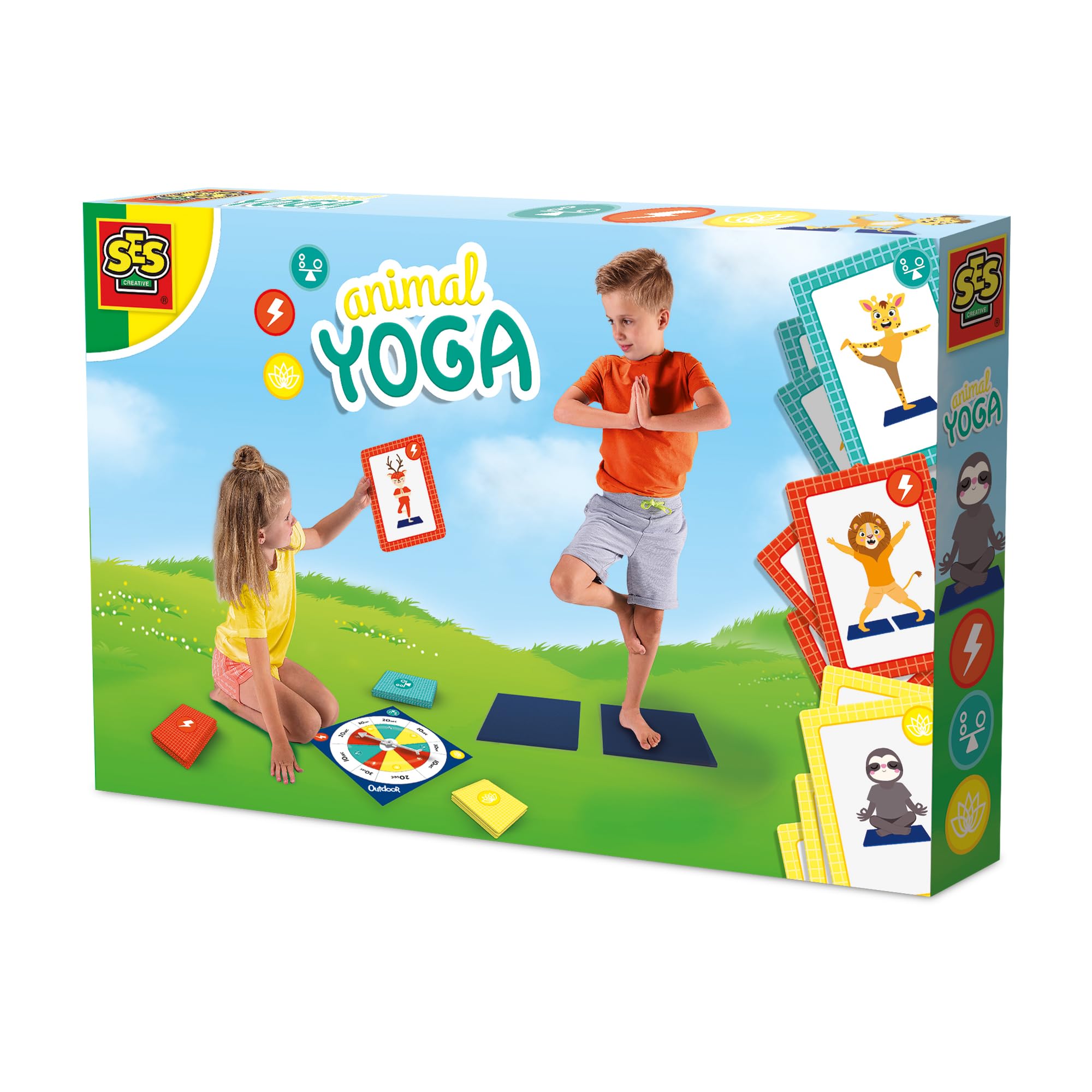 SES Creative Animal Yoga Outdoor Game, Yoga With a Fun Twist Using Animal Poses, 2 Yoga Mats, Spinner Board, 27 yoga cards, Boys and Girls Ages 3 and Up, Game for Active Play
