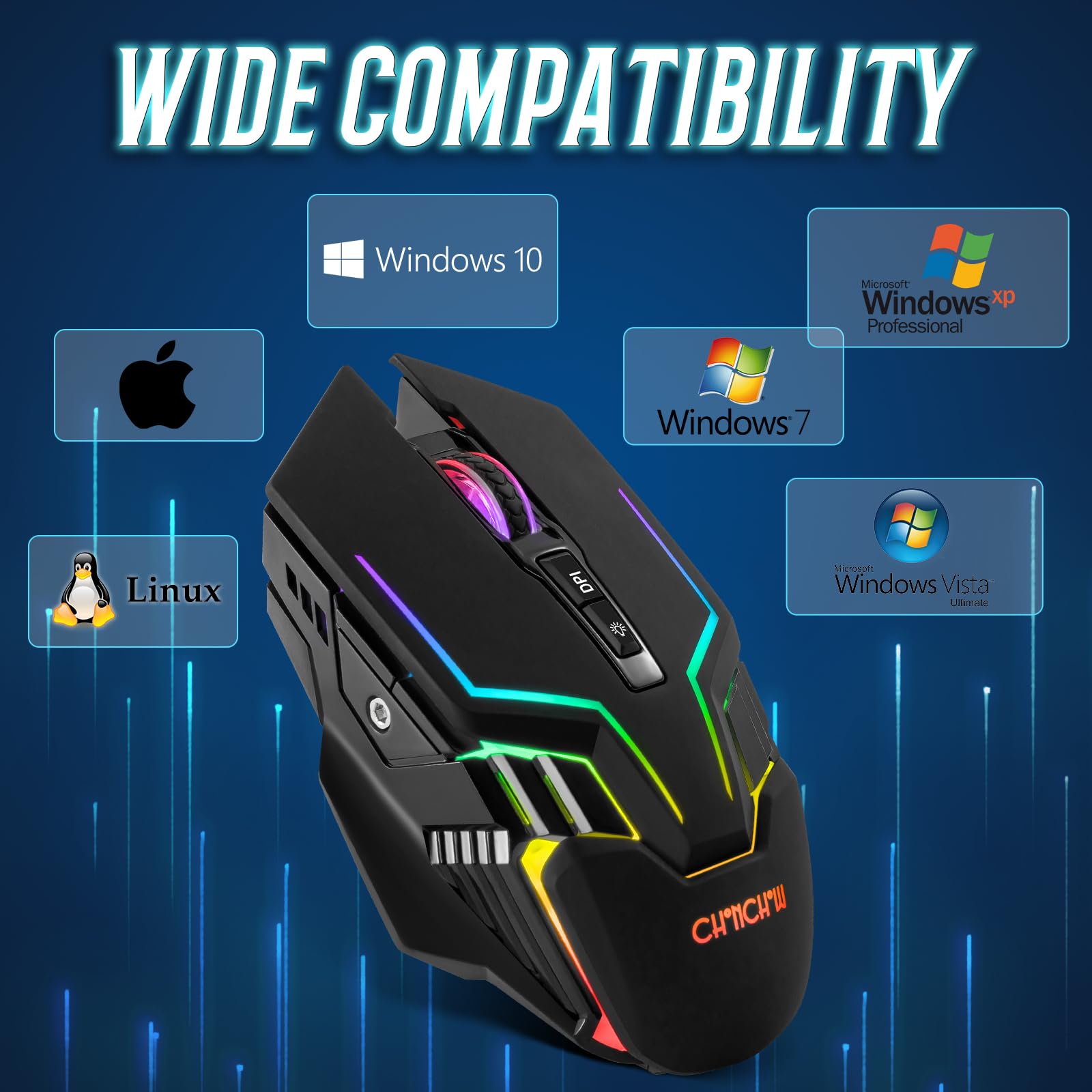 CHONCHOW Wireless Gaming Mouse for PC, RGB Backlit, 12 Light Modes, 2.4G Receiver/USB-C, Up to 3200 DPI, Rechargeable Wireless Computer Mice with 58inch Charge Cable for Laptop/Windows/PS4 Gamer-Black