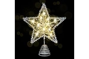 Emopeak Iron Art 20 LED Christmas Tree Topper, 8 x 10Inch Indoor Outdoor Star Treetop Light Two Modes (Keep Light ON/Flash) for 1.5Ft to 9Ft Christmas Tree (Silver, 8 x 10 Inch)