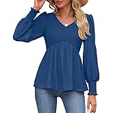 HEYTALALA Womens Long Sleeve Shirts V Neck Peplum Tops Dressy Casual Smocked Babydoll Blouses 2025 Fall Trendy Outfits