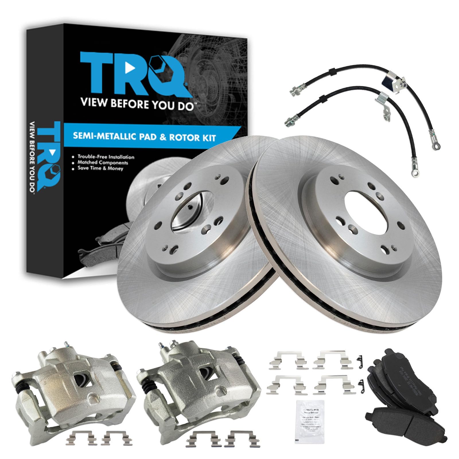 TRQ Front Brake Pad and Rotor Set Semi Metallic Vented Rotors Calipers Compatible with 2011-2014 Chrysler 200 2007-2010 Sebring 2008-2014 Dodge Avenger 2007-2017 Jeep Compass Patriot Image