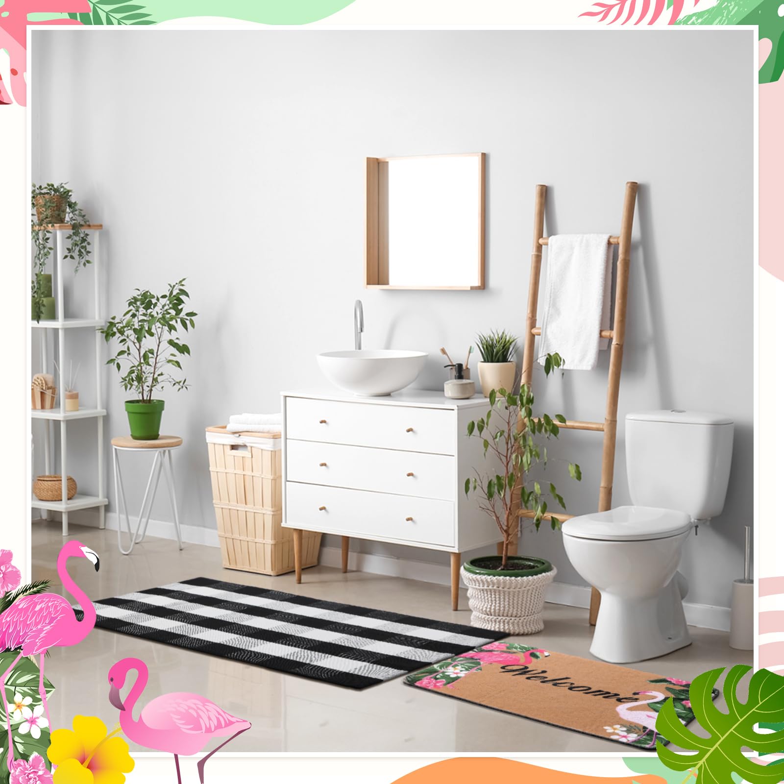 FuWeave 2 Pcs Flamingo Doormat Rug Outdoor Welcome Mat Set Coir Door Mat and 27.5"x 43" Black and White Checkered Cotton Buffalo Plaid Layering Rug for Party Front Porch Summer Decoration Bathroom - Image 7