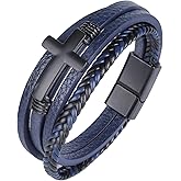 Mrcaois Mens Leather Cross Bracelet Braided Multi Layer Wristband with Stainless Steel Clasp - Christian Religious Gifts for Him(Brown/Black/Blue)