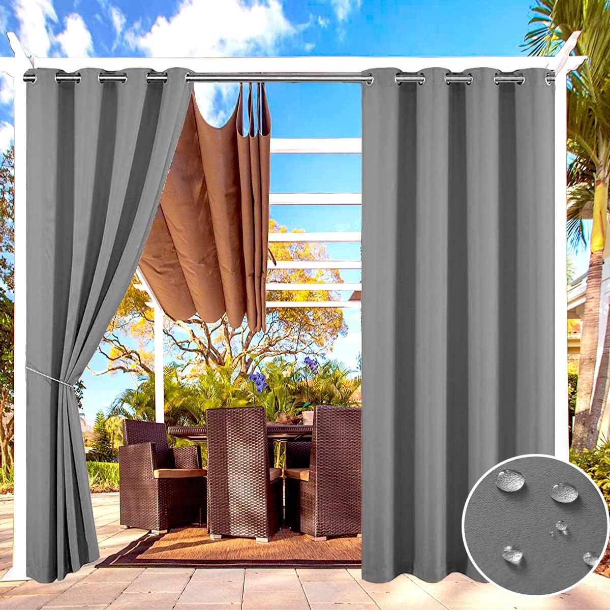 Outdoor Curtains - SOFJAGETQ 2 Panels Indoor/Outdoor Curtains Waterproof for Patio - Grey Light Blocking Blackout Curtains Thermal Insulated Drapes for Bedroom, Porch, Living Room, Pergola, Cabana, 52 x 84 inch, Grey