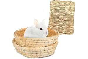 HAMILEDYI Bunny Grass Mat Bed 3 Pieces Rabbit Digging Natural Woven Straw Mats Bedding Guinea Pig Timothy Hay Resting Basket Pet Cage Chewing Toys for Hamster Chinchilla Ferret Gerbil