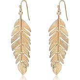 Leaf Earrings for Women - Long Hanging Boho Feather Earrings Plated in Gold, Silver, or Rose Gold Tone