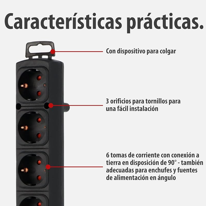 Comfort Line regleta de enchufes con 6 Tomas de Corriente para Montaje (Cable de 2 m, Interruptor Iluminado, montable, Enchufe Plano) Negro