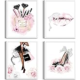 WNRTEKNK 4Pcs Fashion Women Wall Art High Heel Lips Handbag Wall Decor Glam Makeup Prints Makeup Perfume Pictures Painting For Girls Bedroom Living Room Office Bathroom 8x10 Unframed Posters
