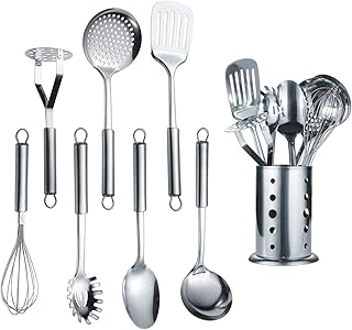 Berglander Edelstahl Kochset 7 teilig mit 1 Ständer, Kochlöffel-Set aus Edelstahl, geschlitztem Tuner, Schöpfkelle, Abschäumer, Servierlöffel, Pasta Server, Kartoffel-Mäher