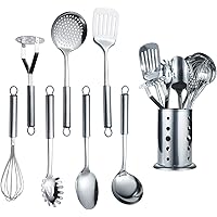 Berglander Stainless Steel Kitchen Utensil 7 Piece with 1 Stand, Slotted Tuner, Ladle, Skimmer, Serving Spoon, Pasta Server,P