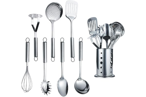 Berglander Stainless Steel Kitchen Utensil 7 Piece with 1 Stand, Slotted Tuner, Ladle, Skimmer, Serving Spoon, Pasta Server,P