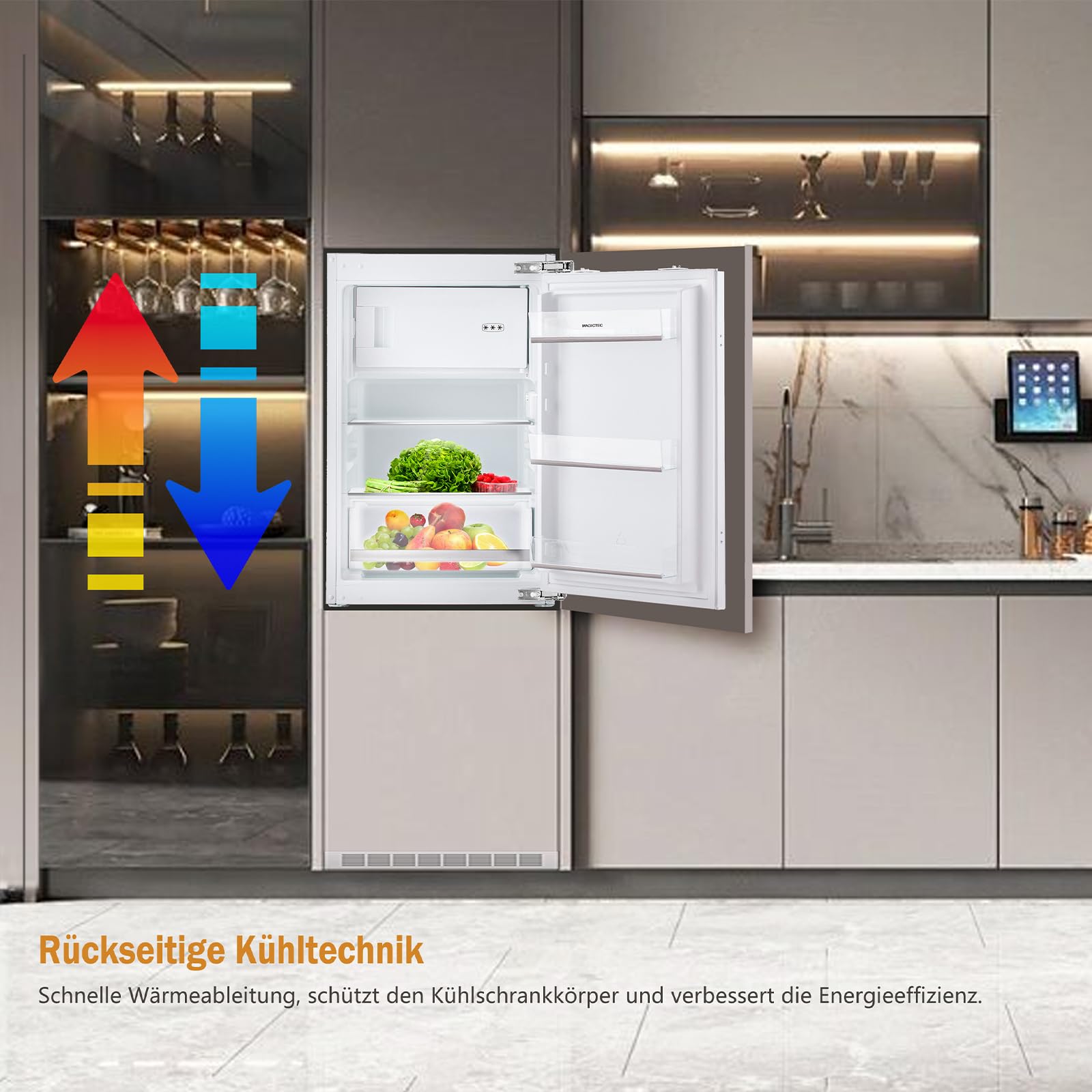Einbaukühlschrank mit gefrierfach 88cm Einbau kühlschrank 118 L | ( 16L Gefrierfach + 102L Kühlschrank ) | Energieeffizient | Leise | 2 hat,1 schubladen | Einfach zu reinigen | Wechselbaren Türsc 8