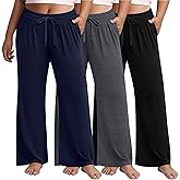 Huukeay 3 Pack Women's Plus Size Pants Wide Leg Yoga Pants Baggy Lounge Sweatpants with Pockets Drawstring High Waist Jogger