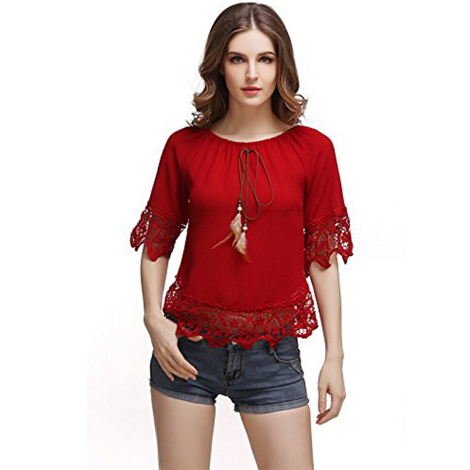 c.cozami women's orange/green/black/white/maroon/peach feather hanging off shoulder bottom lace net top