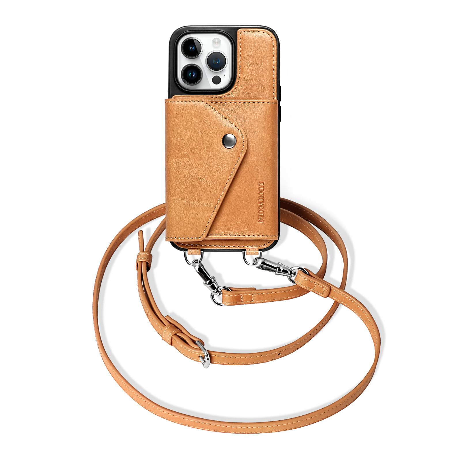 Photo 1 of Leather Crossbody Wallet Phone Case for iPhone 14 Pro 6.1 in,Genuine Leather Flip Purse Case Cover Phone Case for Woman,with Adjustable Wrist Strap Card Holder Protective Handbag Cover Light Brown