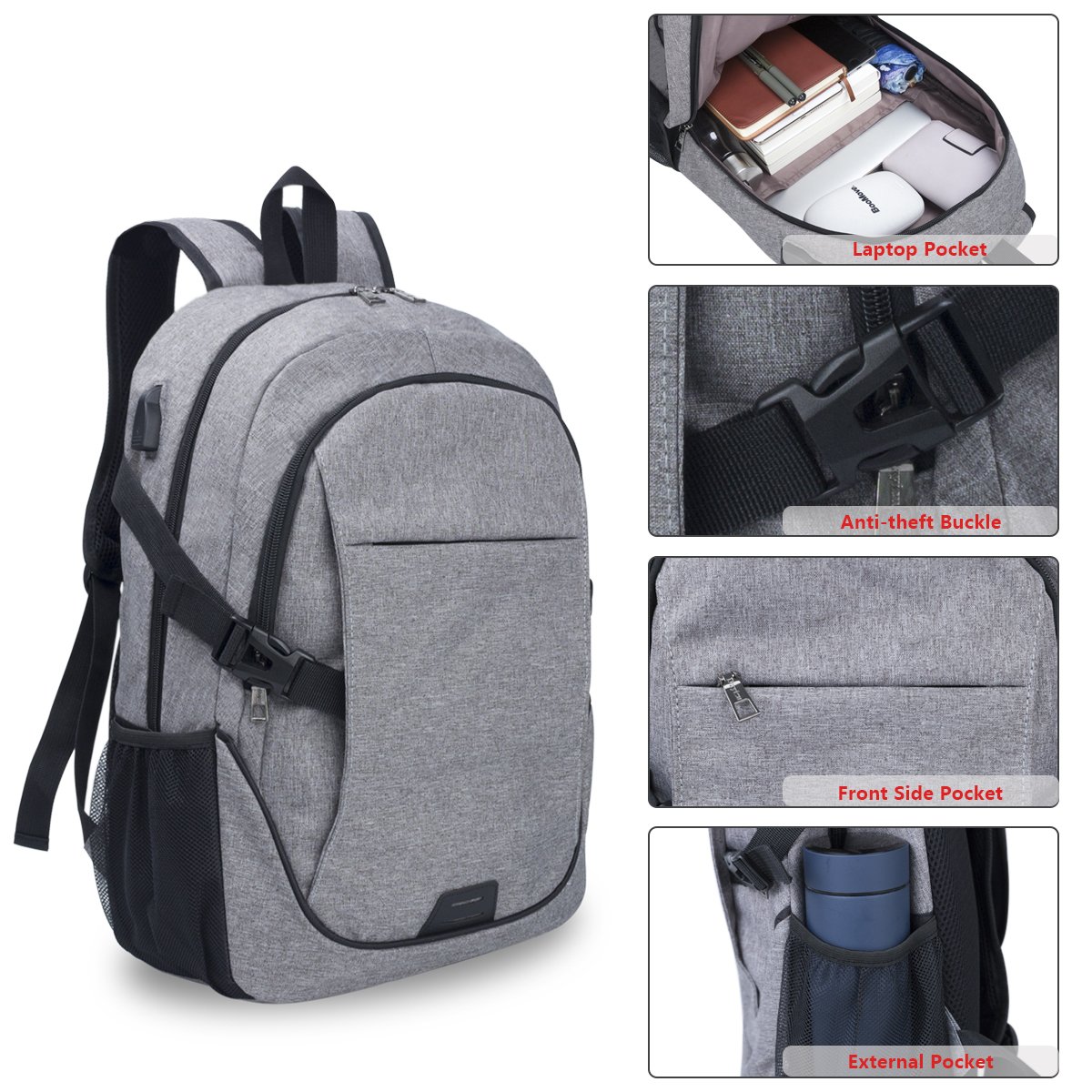 Chrislley Laptop Rucksack, Damen Herren Notebook Business Tasche mit USB Kabel und Anschluss f¨¹r bis zu 15. 6 Zoll Stylisch Oxford Rucks?cke Gepolstert Daypacks f¨¹r Arbeit Schul Outdoor (Grau)