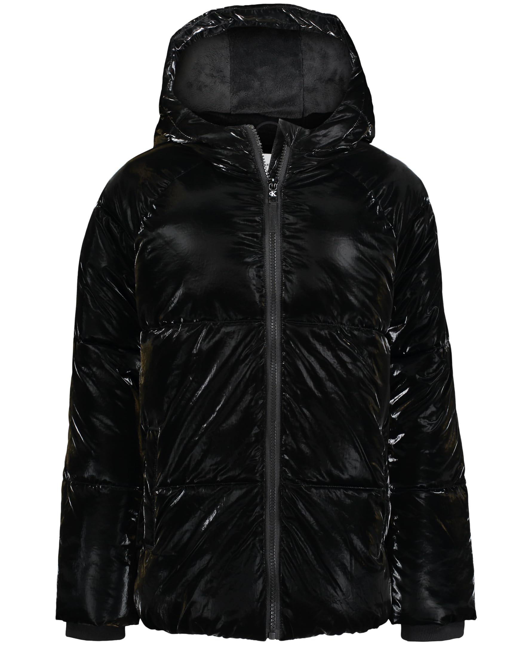 Calvin Klein Girls’ Short Length Hooded Winter Puffer Jacket With Fleece Lining, Black Shine, 16
