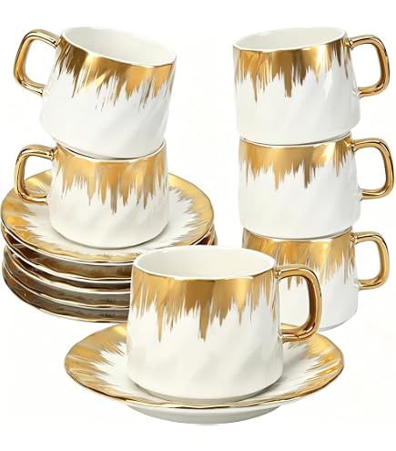 Amazon.com | TEASFUSION Gold Rimmed Ceramic Coffee Mug with Saucer  Cappuccino Mug, 6 oz, for Coffee, Latte, Tea, Set of 6 (silver, Medium):  Cup & Saucer Sets