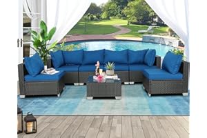 Furnimy 7 Piece Patio Furniture Sets Outdoor Sectional PE Rattan Outdoor Furniture Patio Conversation Set with Cushions and Glass Coffee Table, Clips for Balcony Lawn and Garden