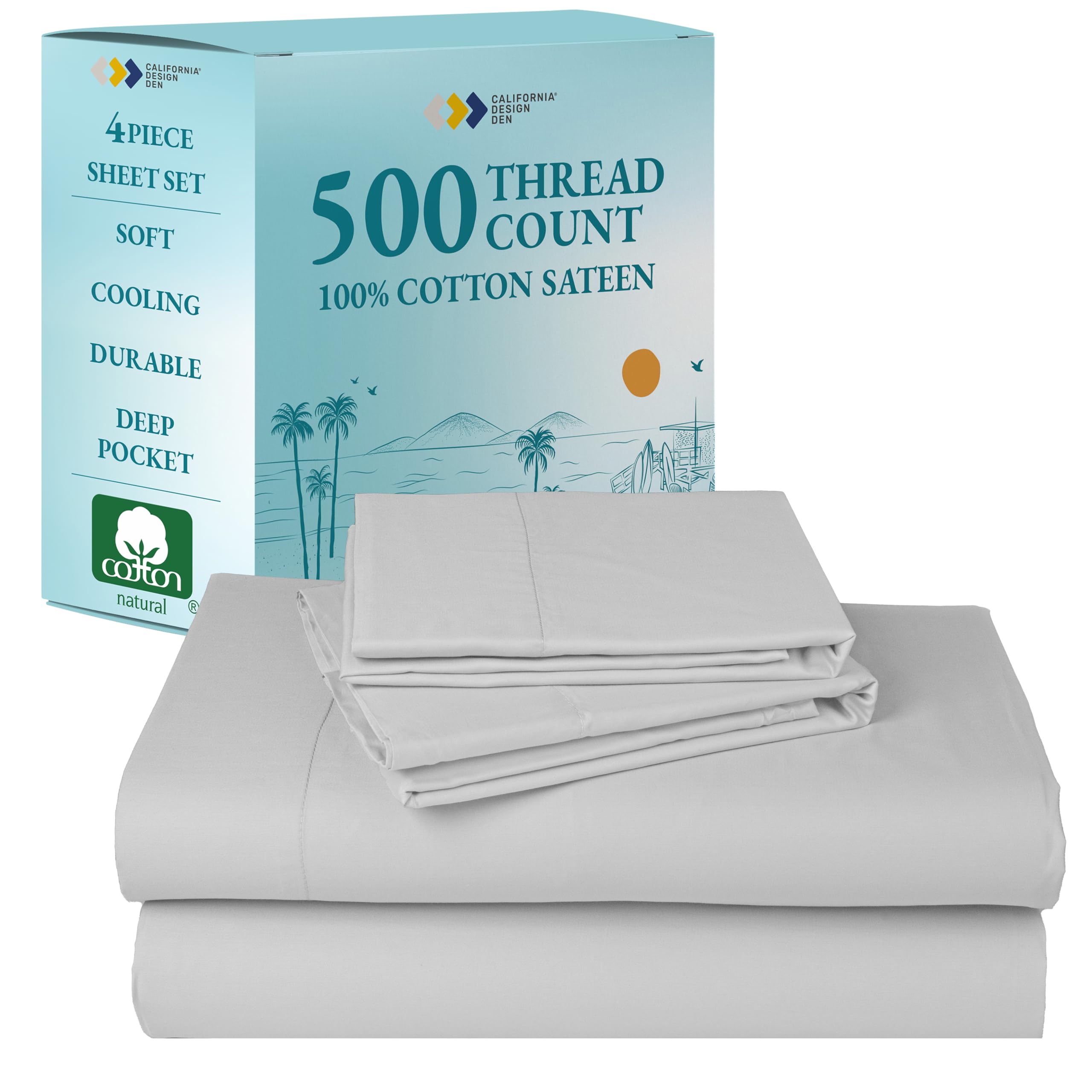 Photo 1 of California Design Den - Finest Cotton Sheets King Size Set, Soft 100% Cotton Cooling Sheets Deep Pockets, Snug Fit Elastic, 500 Thread Count Sateen, Premium Quality Bedsheet Set (Light Grey)