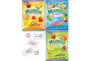 Mamba Assorted 3 Variety Flavors Bundle Candy with Omegapak Starlight Mints Sour , Tropics fruit chews 100g / 3.52 Oz. Each