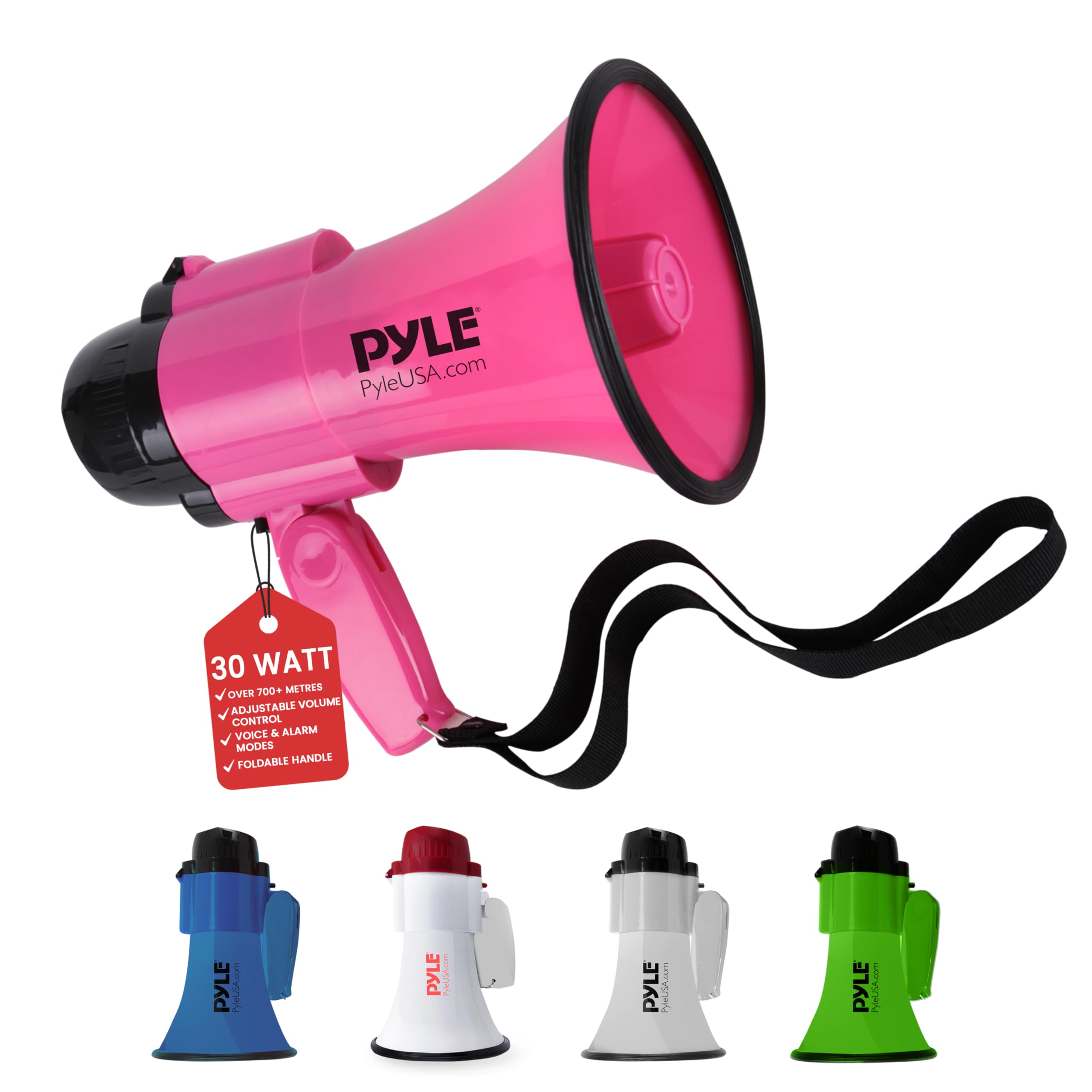 Pyle 30W Megaphone Speaker with Microphone, Loud Bullhorn Megaphones with Siren & Adjustable Volume, Loud Hailer Mega Phone, Indoor/Outdoor Use, Perfect for Sports, Police, Safety Drills, Kids & More