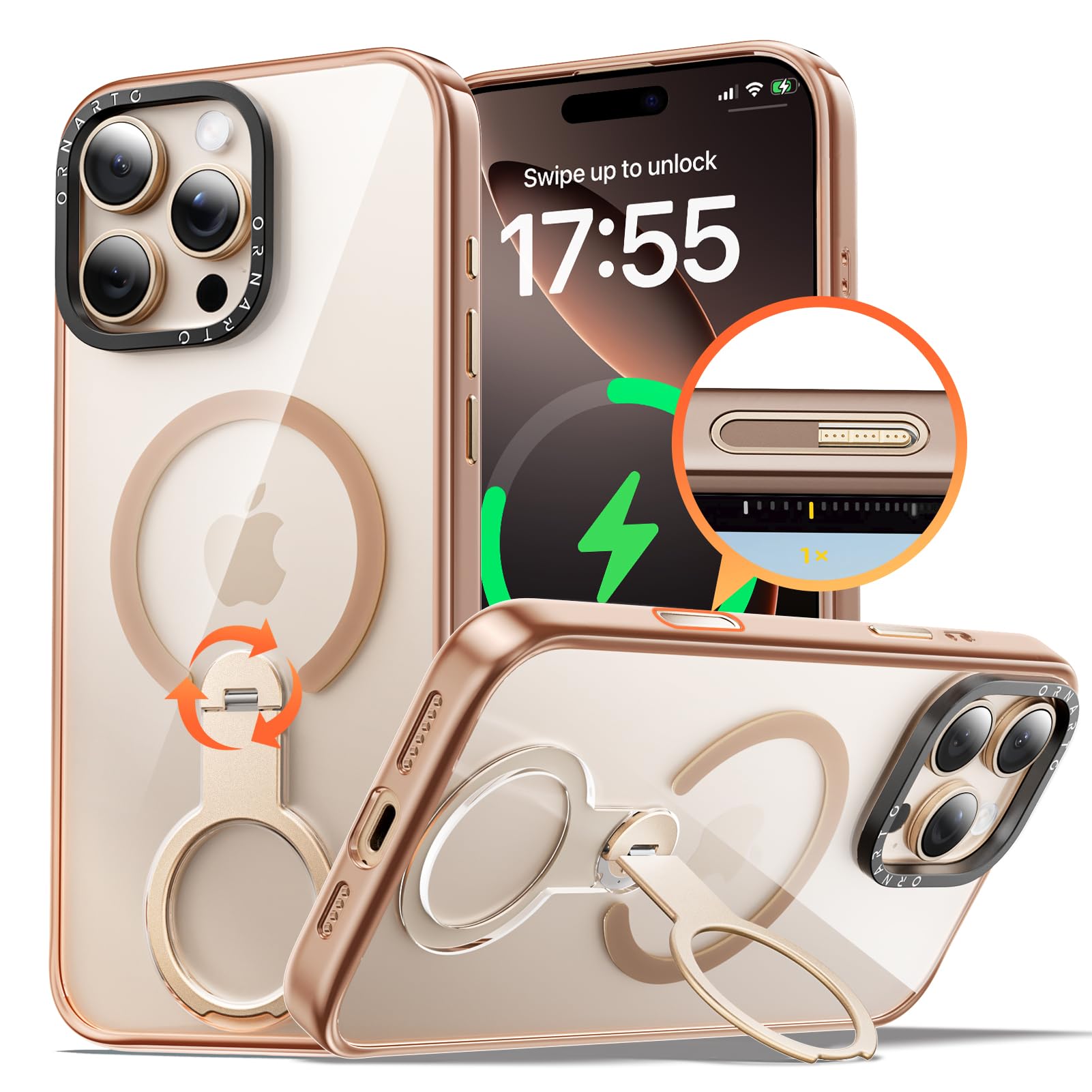 Photo 1 of ORNARTO Loop360 for iPhone 16 Pro Max Case, Compatible with MagSafe and Camera Control, High-Transparency Phone Cover with 360° Rotating Stand, Military-Grade Protection, Gold