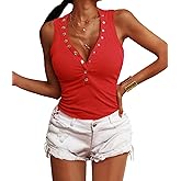 Jauoop Women's V Neck Tank Tops Summer Ribbed Sleeveless Henley Shirts Sexy Low Cut Button Down Cami Knit Tees