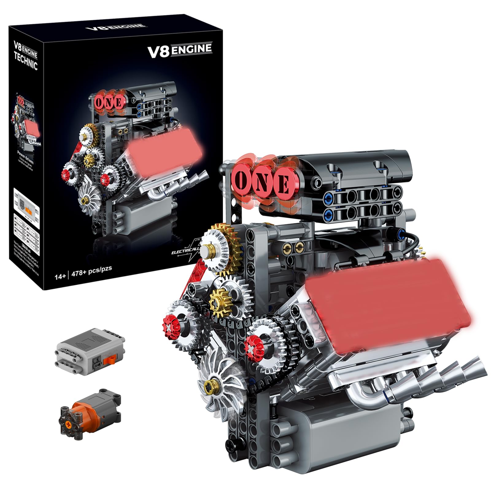 muuchuu Technic V8 Engine Building Toy with Motor for Adult to Build, Small Super Car V8 Piston Model Engine That Works, MOC DIY STEM Hobby Bricks Blocks Toy Gifts for Kids Teens (478 Pcs)