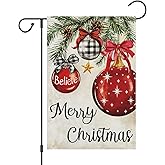 Louise Maelys Merry Christmas Garden Flag 12x18 Inch Xmas Ball Welcome Double Sided Small Burlap Winter Yard Outdoor Flag Holiday Outside House Decoration (Only Flag)