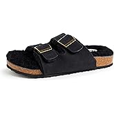 Dearfoams womens Fireside Tamworth Shearling Slide Sandal With Cork Footbed and Adjustable Buckles