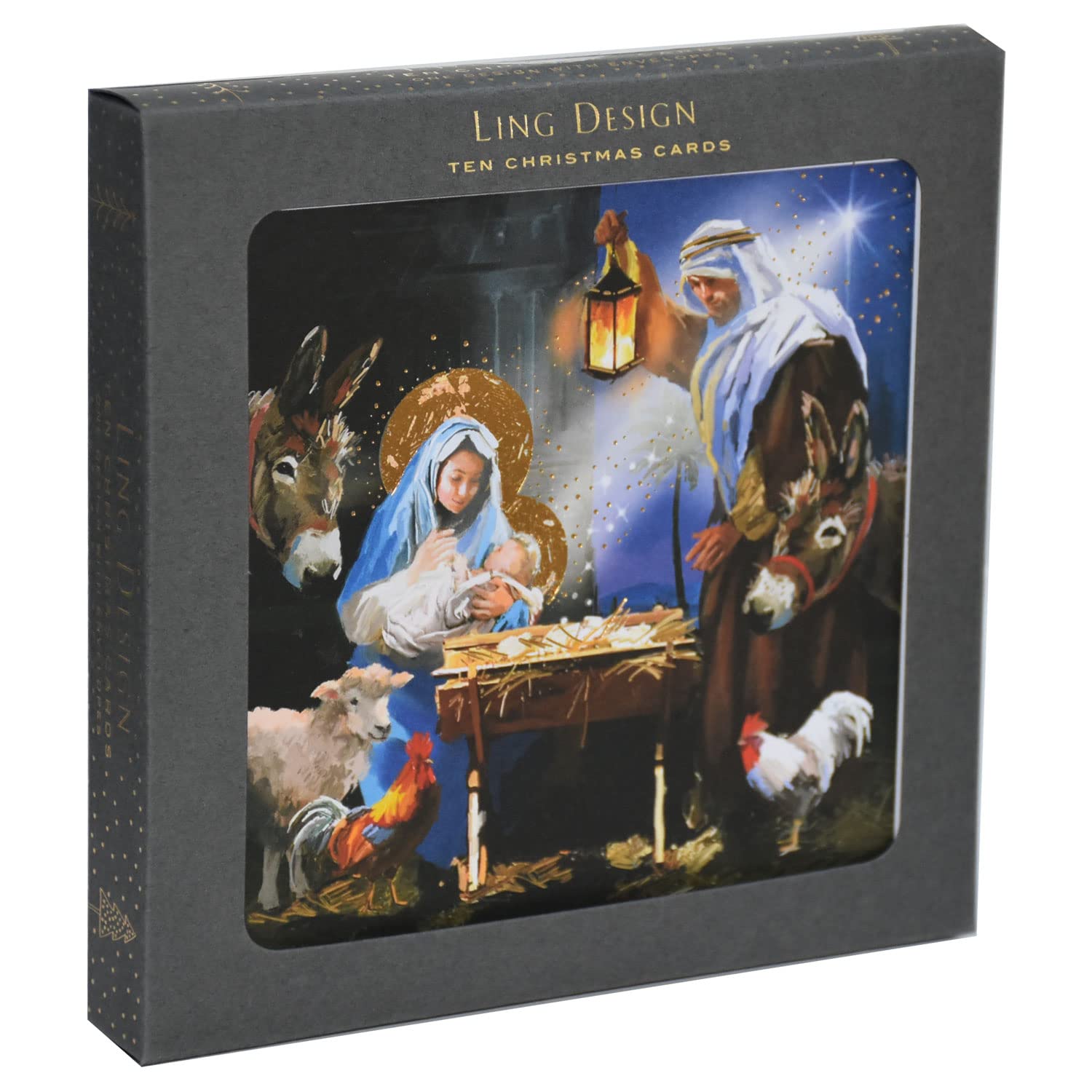 Box of 10 Around The Manger Gold Foiled Christmas Cards Xmas Card Packs X14306H