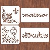INFUNLY 4PCS Corner Stencils for Painting Vintage Flower Border Stencil Large Square Lace Tile Stencil Reusable Damask Furniture Stencils for Wood Canvas Paper Fabric Floor DIY Craft